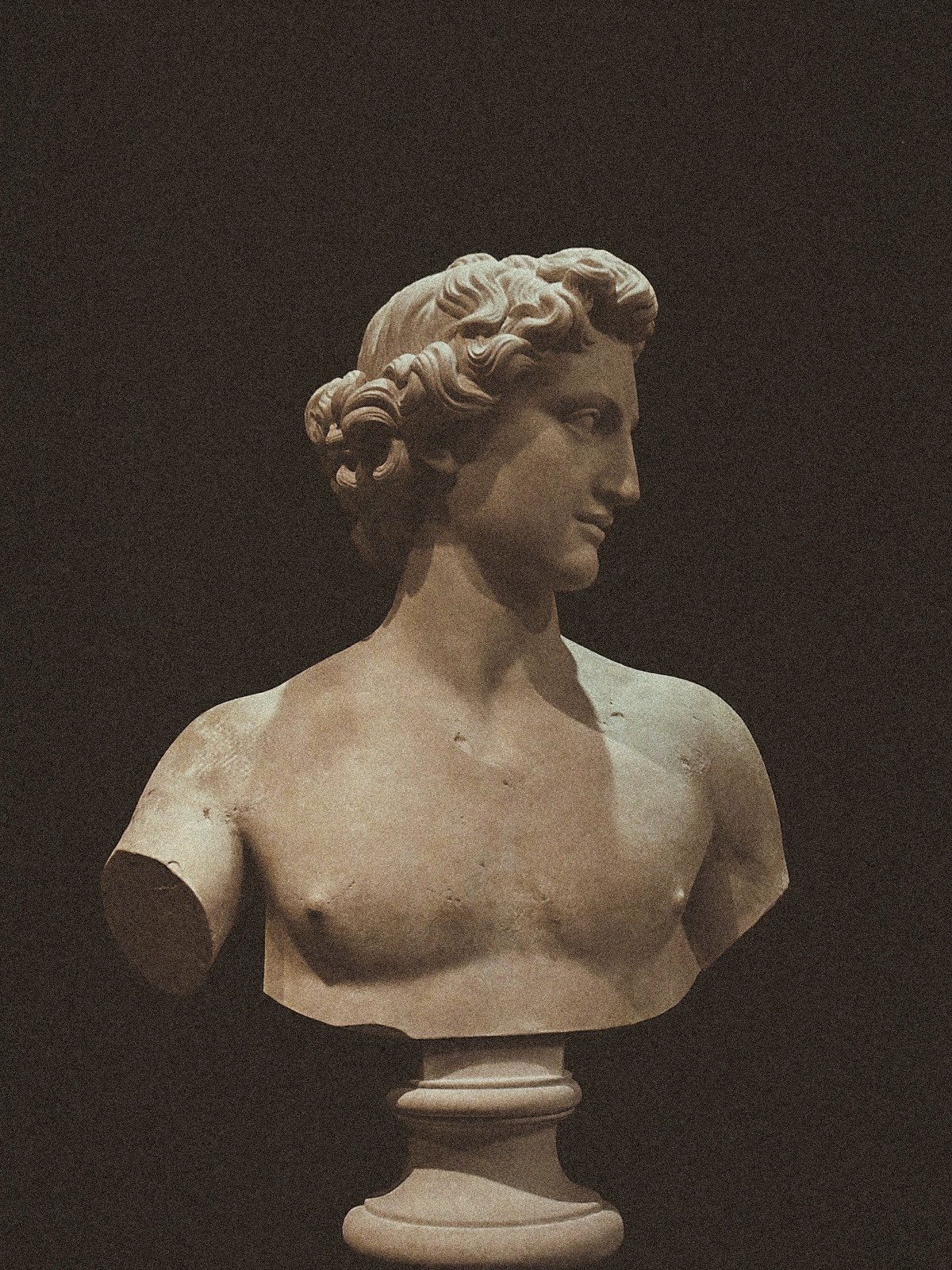 Classical marble bust in profile against a dark background