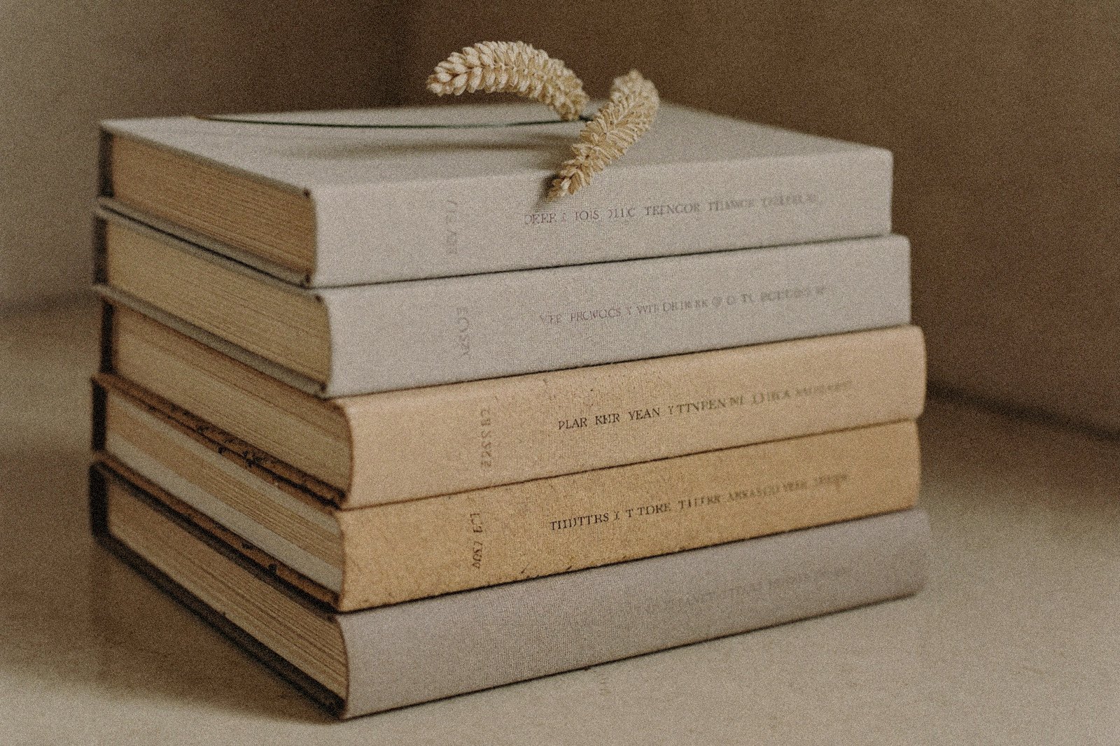 Stack of vintage cloth-bound books with a sprig of dried flowers on top